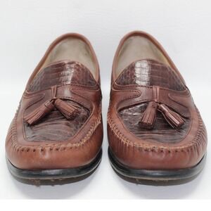 Domani Mens‎ Brown Leather Tassel Loafers Crocodile Embossed 9.5M 18-1007